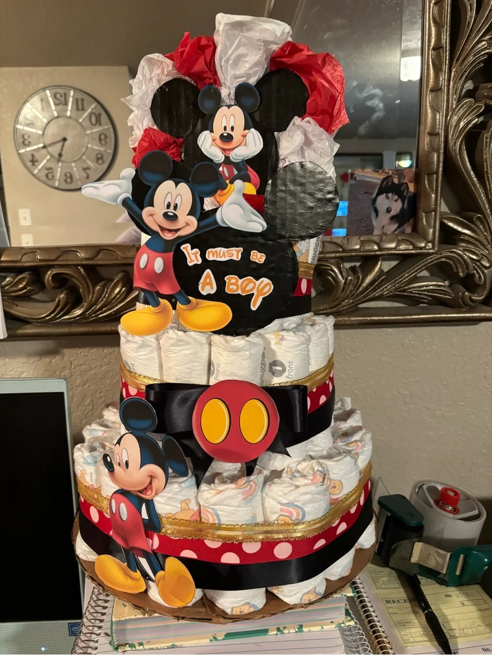 Woodland Baby Shower Diaper Cake with Purple Ribbon and Floral Accents